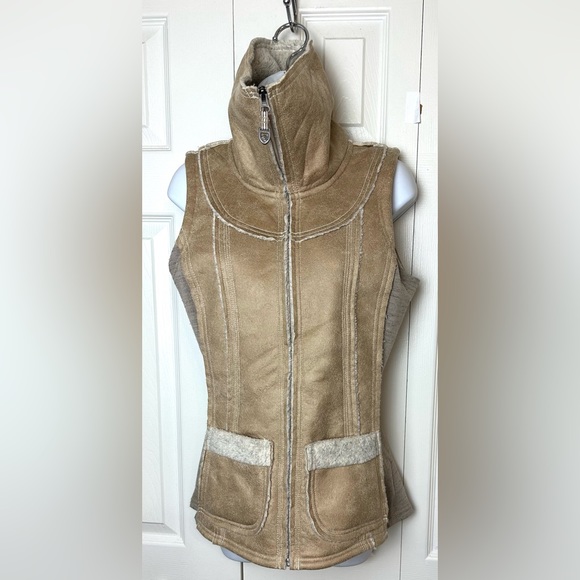 KUHL Dani Sherpa Vest Jacket Coat Almond Tan Brown Beige Faux Leather Wool Sides - Picture 4 of 15